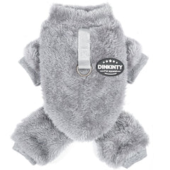 Dinkinty fleece dog pajamas grey back view showing snug fit for small dogs.
