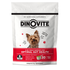 Dinovite 3in1 probiotic small dogs bottle showing 30 servings for digestive support