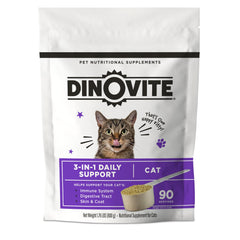 Dinovite cats supplement bottle front showing trusted immune and digestive support for felines.