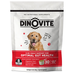Dinovite probiotic dog supplement bottle label highlights gut support