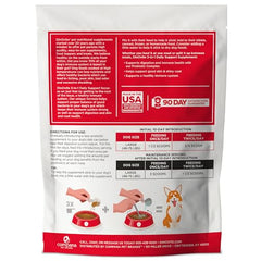 Dinovite probiotic supplement for dogs bottle pour demonstrates easy daily dosing.