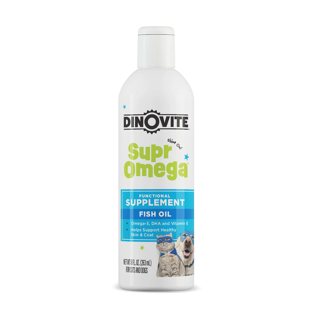 Dinovite SuprOmega fish oil bottle 8oz highlighting omega-3 benefits for skin and coat.