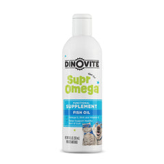 Dinovite SuprOmega fish oil bottle 8oz highlighting omega-3 benefits for skin and coat.