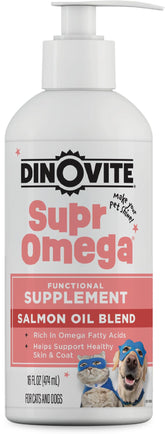 Dinovite SuprOmega salmon oil bottle on shelf for easy omega supplementation.