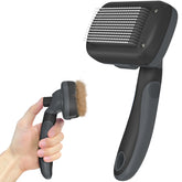 Dipoo self-cleaning deshedding brush closeup highlights skin-friendly bristles for gentle grooming.