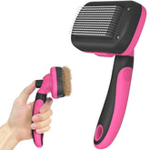 Dipoo self-cleaning pet grooming brush pink head demonstrates quick fur removal and easy shedding.