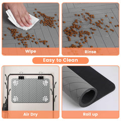 DK177 pet feeding mat demonstrates leak-proof protection on kitchen floor.
