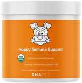 DNA PET Happy Immunity mushroom powder bottle showing organic blend for daily canine wellness