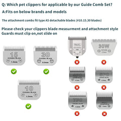 DODAER eight-size guide combs displayed for precise pet grooming adjustments.