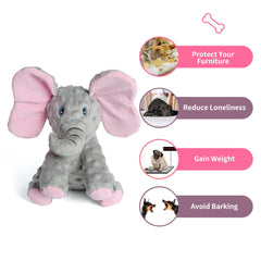 DODODOLA elephant-dog-toy with crinkle-paper core offers multi-sensory enrichment during fetch.