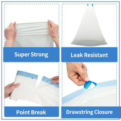 DOEL drawstring seal close-up demonstrates secure closure for odor control during disposal.