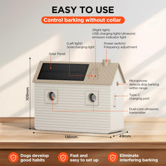 Dog bark deterrent solar panel powers continuous operation.