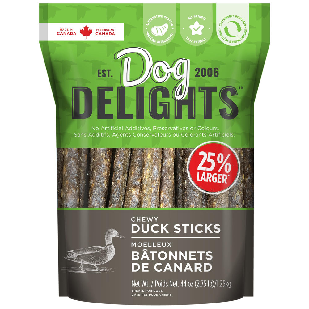 Dog Delights Chewy Duck Sticks packaging displays natural treat option for dogs.