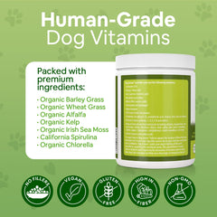 Dog Greens scoop beside powder for easy weekly nutrition in meals