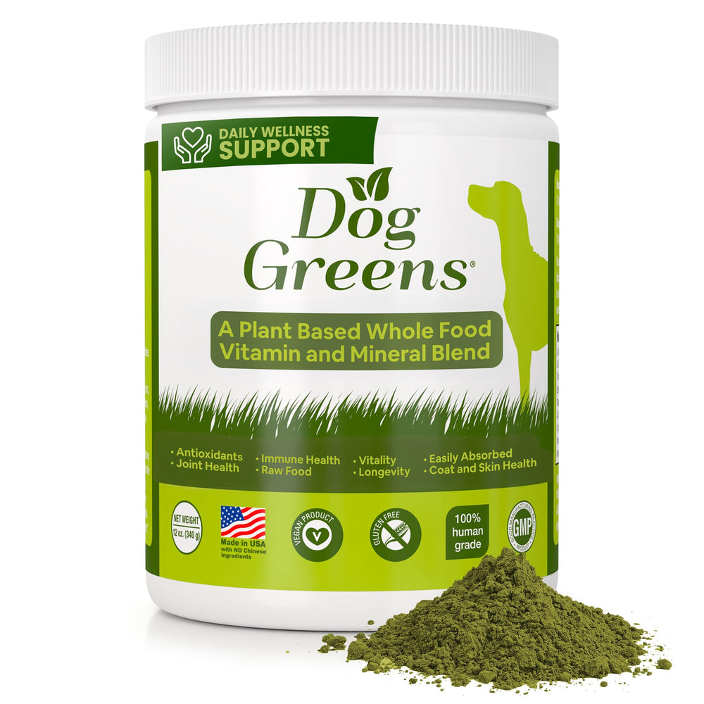 Dog Greens tub label with powder for easy meal mixing