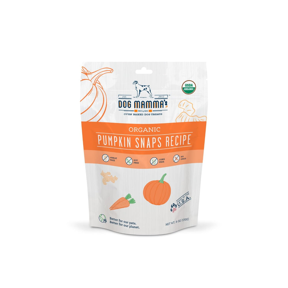 Dog Mamma's Organic Pumpkin Snaps bag, flavorful oven-baked treats for dogs.