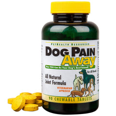Dog Pain Away bottle closeup showing all-natural joint support for dogs.