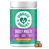 Doggie Dailies 5in1 multivitamin bottle showing peanut butter flavor and wellness support