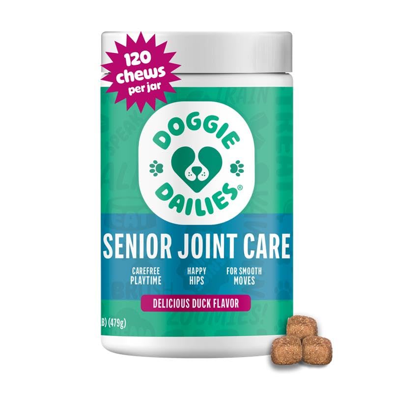 Doggie Dailies duck 120 chews bottle closeup for easy daily dosing.