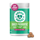 Doggie Dailies Probiotics duck soft chews tub front for convenient daily gut support.