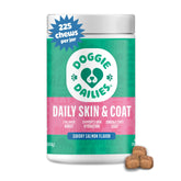 Doggie Dailies salmon oil bottle showing coat shine and skin support.
