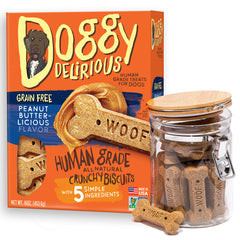 Doggy Delirious Crunchy Dog Treats peanut butter bones, tasty reward for training sessions.