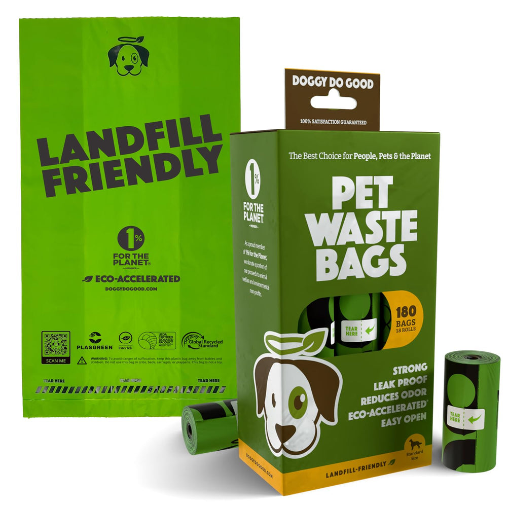 Doggy Do Good landfill-friendly poop bags packaging for eco-friendly cleanup.