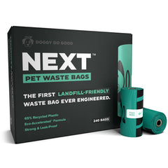 Doggy Do Good next pet waste bags packaging shows recycled materials for eco-friendly waste cleanup.