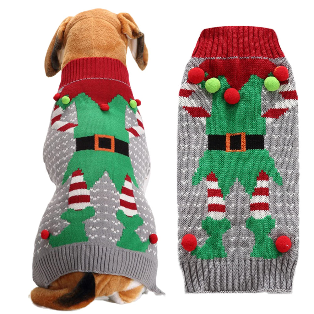DOGGYZSTYLE Grey Elf sweater front view for pets boosts festive look and warmth.
