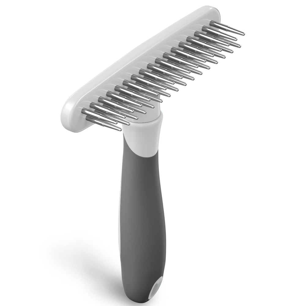 DOGI dog rake deshedding brush front view with dual rows of pins for gentle grooming