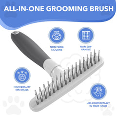 DOGI undercoat rake close-up shows double-row pins that reduce pulling during brushing