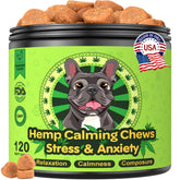 DOGVC Hemp Calming Chews bottle front shows calming support for anxious dogs.