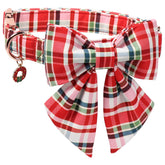 DOGWONG Christmas collar with bow red plaid closeup for festive look