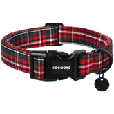 DOGWONG Christmas cotton dog collar closeup showing soft fabric and breathable plaid.