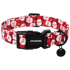 DOGWONG Christmas cotton dog collar in red Santa design, front view.