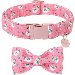 DOGWONG Christmas dog collar bow pink snowman print; festive look for holiday photos.