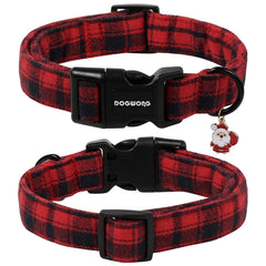 DOGWONG Christmas plaid collar adjustable close-up showing secure plastic buckle and D-ring.