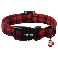 DOGWONG Christmas plaid collar front view with soft cotton fabric and sturdy buckle for daily wear.