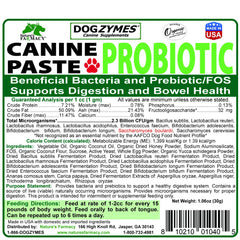 Dogzymes canine probiotic paste label highlights organic ingredients for pet health.