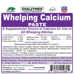 Dogzymes Canine Whelping Calcium Paste packaging with clear dosage information