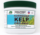Dogzymes Organic Norwegian Kelp bottle shows iodine-rich supplement for healthy gland support