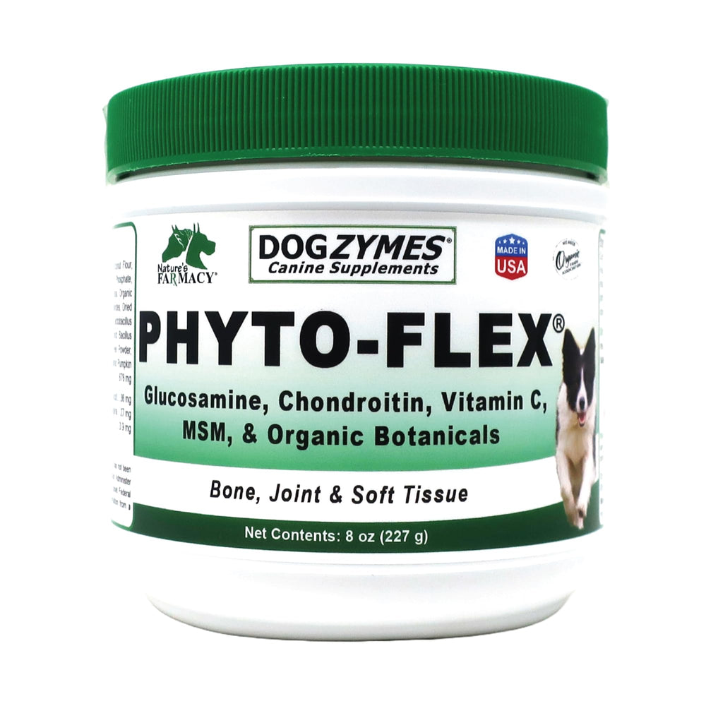 Dogzymes Phyto Flex bottle label emphasizes joint support for dogs and gentle digestion benefits