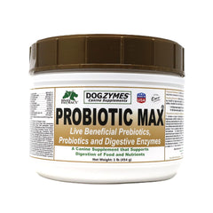 Dogzymes Probiotic Max bottle front highlighting gut health support.