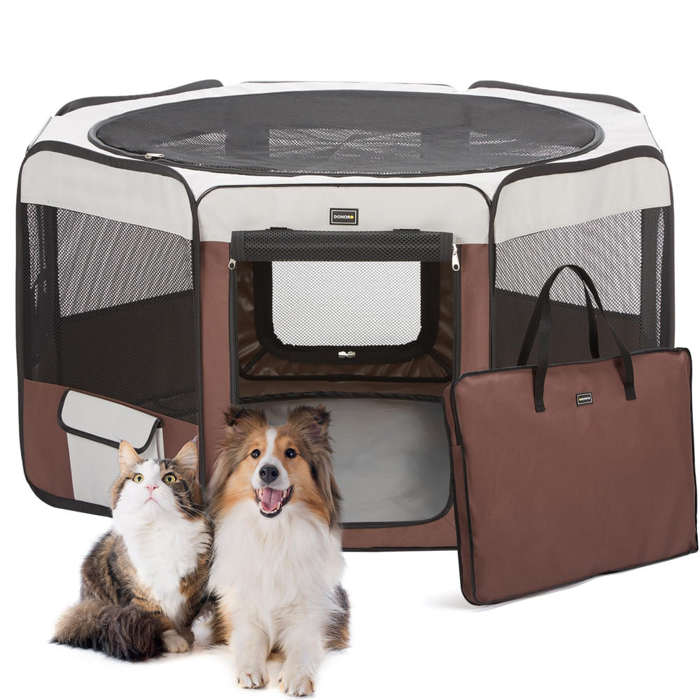 DONORO dog playpen setup demonstrates quick, assembly-free use for indoor or outdoor play.