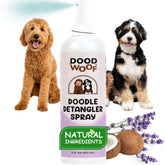 DOOD WOOF detangler spray bottle helps quick, painless grooming and detangling.