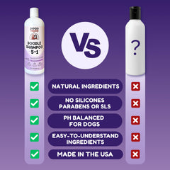 DOOD WOOF all-natural ingredients highlight silicone-free, paraben-free, SLS-free formula.