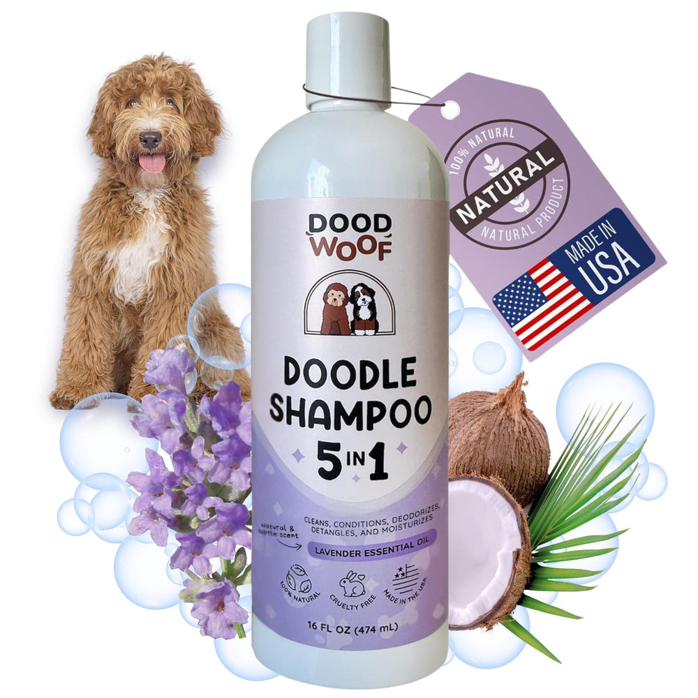 DOOD WOOF shampoo bottle showing 5-in-1 formula for easy grooming and detangling.
