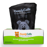 DoodyCalls pet waste bags roll shows thick, leakproof performance for on-the-go cleanups.