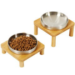 DoogCat elevated cat bowls on bamboo stand provide stable feeding for indoor cats.