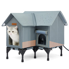 DOOKRON outdoor cat house grey front view demonstrates rugged weatherproof shelter for outdoors